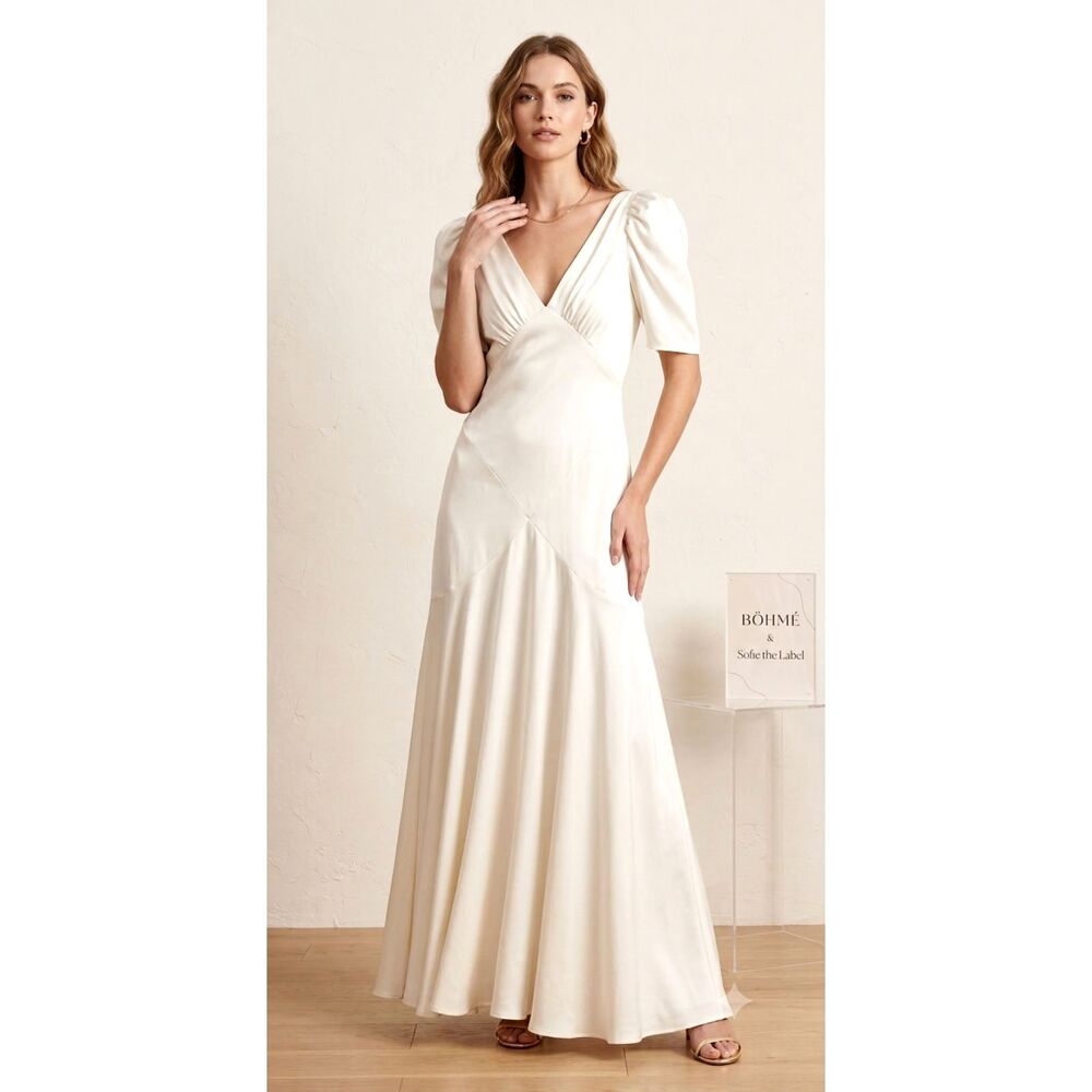 Womens Ivory Satin Puff Sleeve Maxi Dress M Bridal Sofie the Label Bohme NWOT